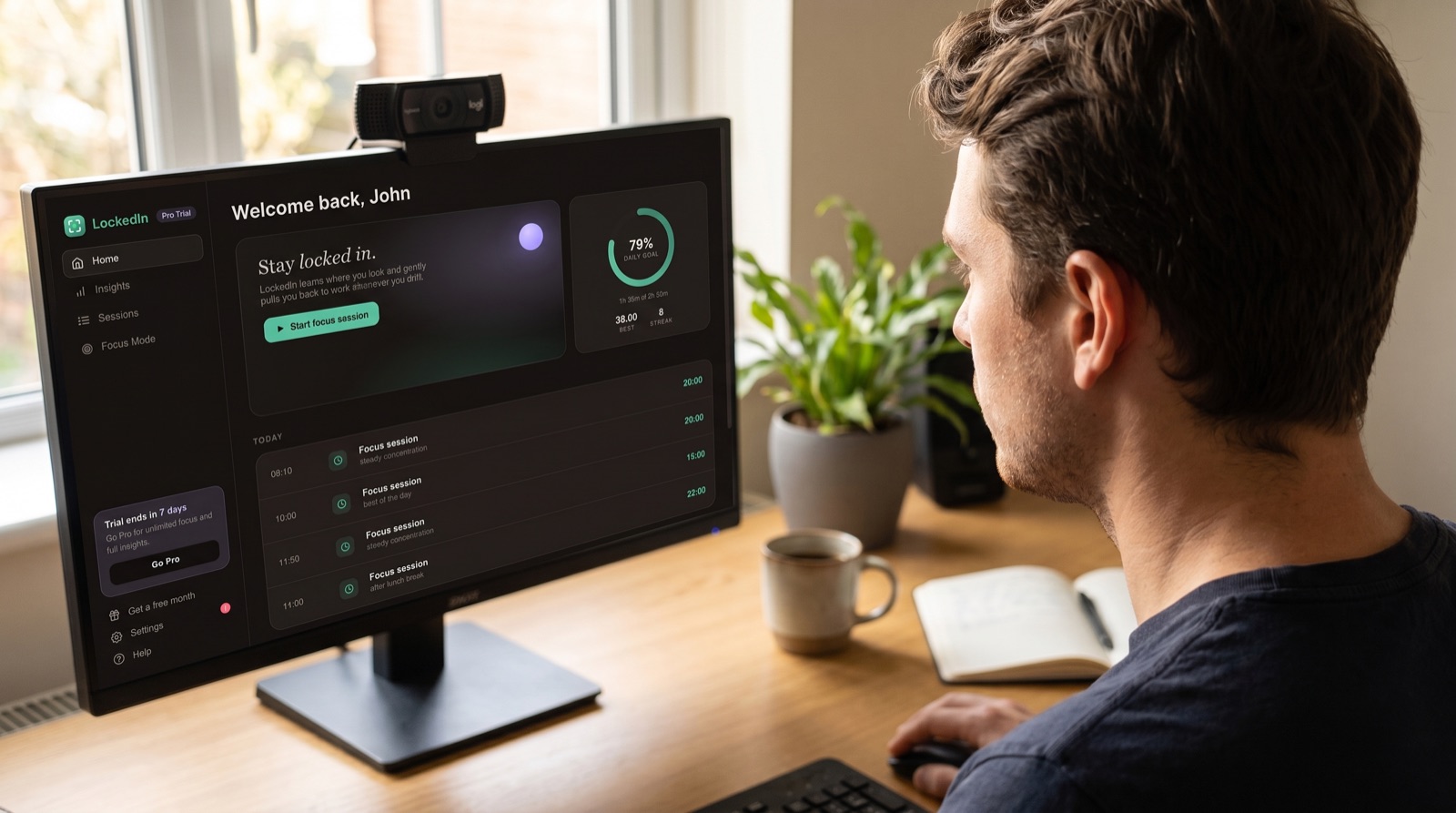Person using LockedIn at their desk — the app on screen, webcam watching their focus